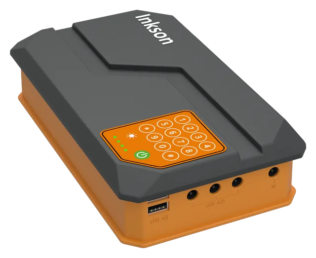 H Series solar home system seen from the side, showing the PAYGO keypad on top and the USB and DC outputs