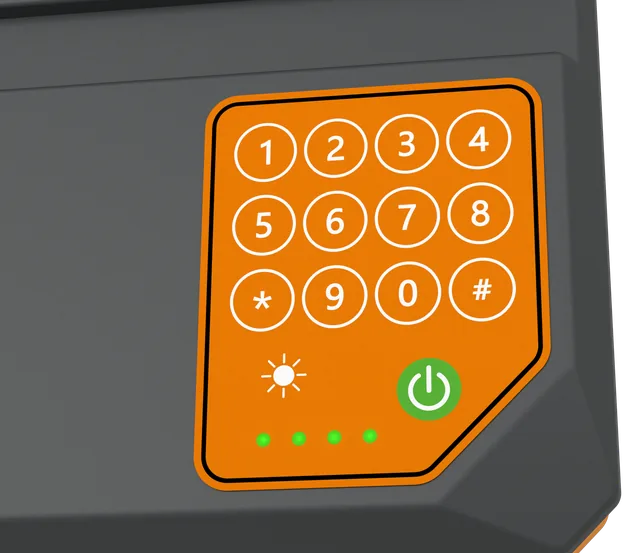 Close-up of the H Series keypad: number keys 0 to 9, star and hash keys, solar charging indicator, green power button and four battery status LEDs